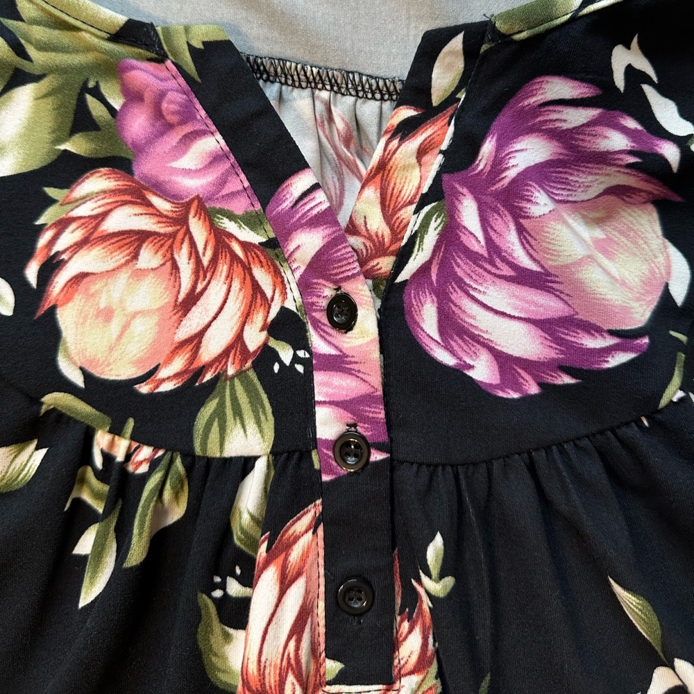 Black Floral Womens Blouse 2X Babydoll Bohemian Fairy Cottagecore Peasant Flowy - Picture 6 of 8